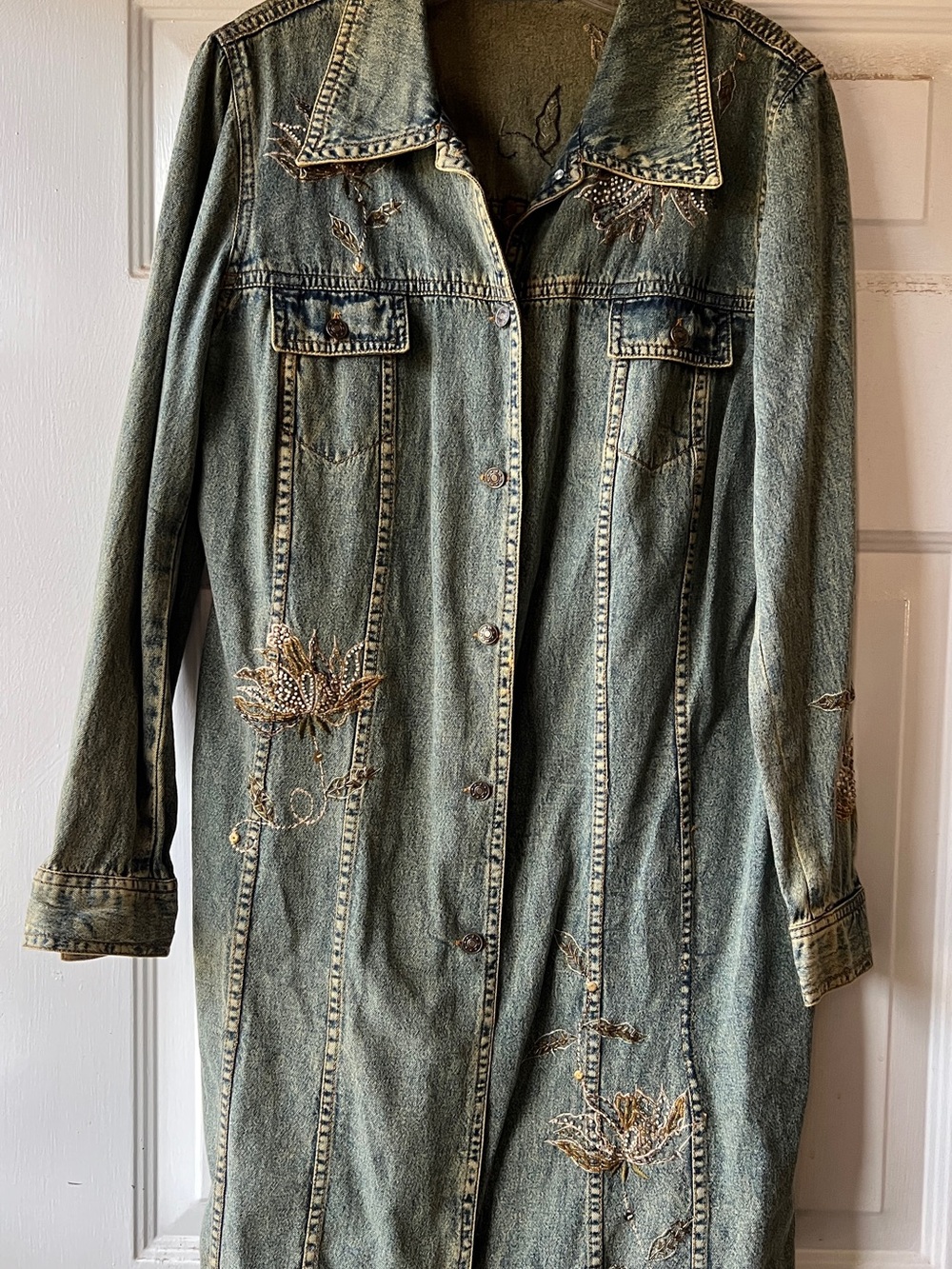 Embroidered Long Denim Coat - Green